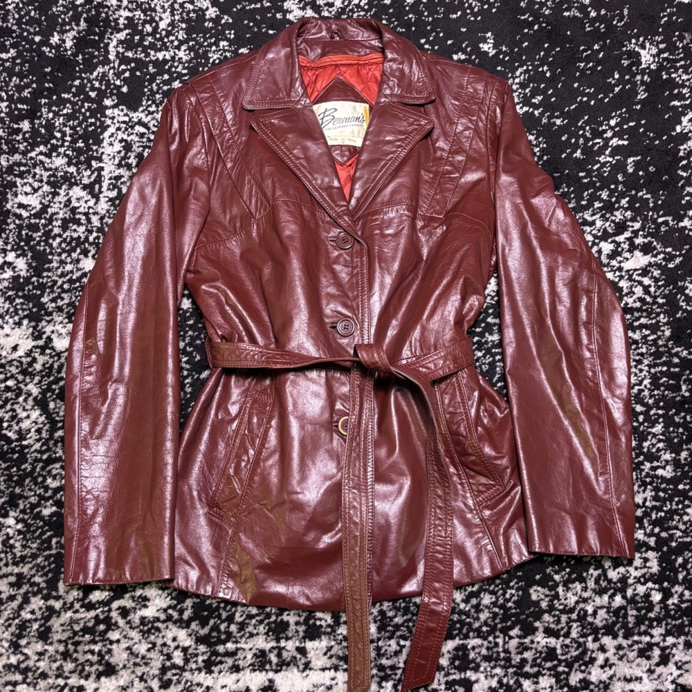 Vintage Bermans The Leather Experts Burgundy Belted Leather Jacket Coat Size 12
